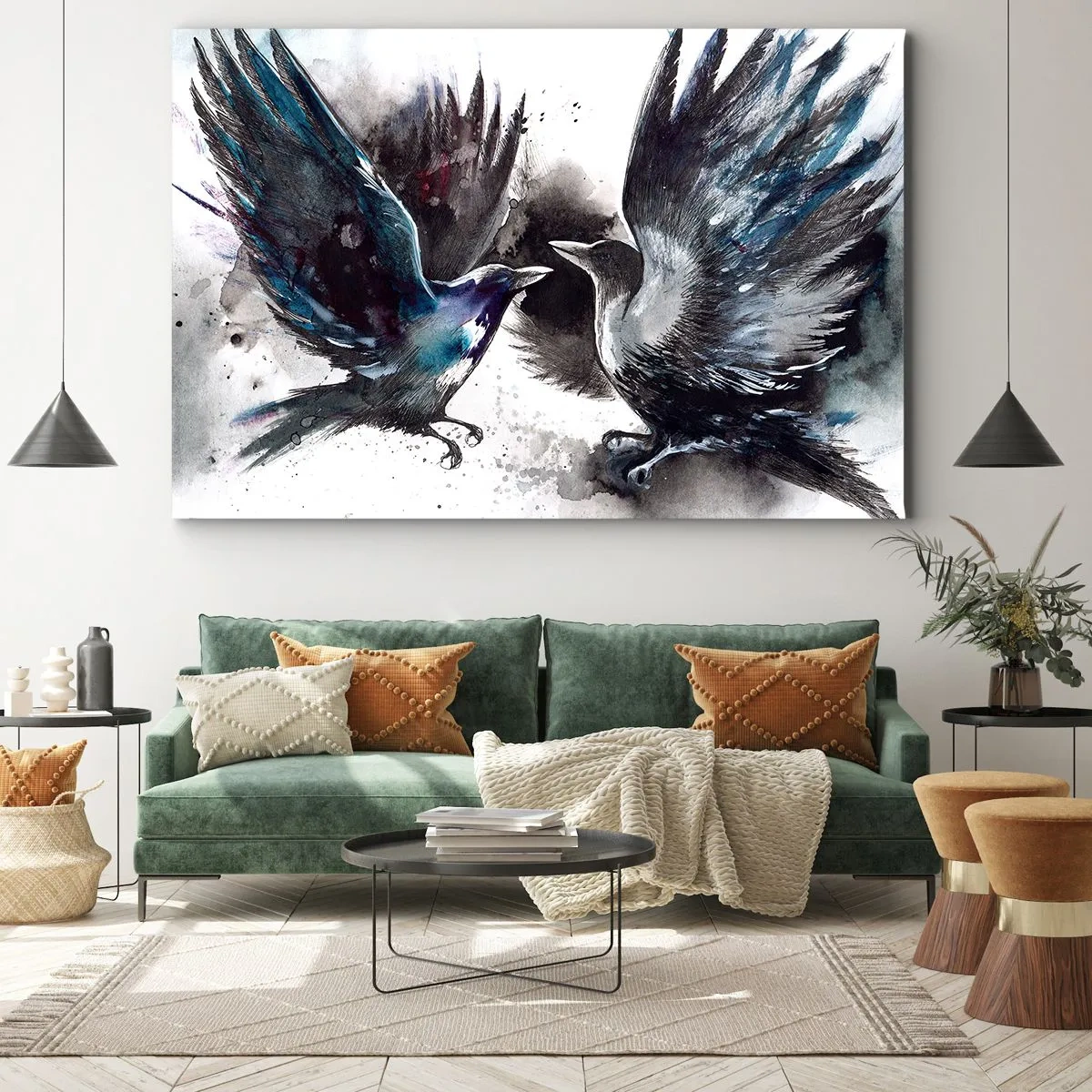 Quadro su tela - Stampe su Tela - Corvi artistici in una composizione dinamica ad acquerello - 70x50cm - Corvi imperiali - Decorazione murale moderna per soggiorno e camera da letto ARTTOR
