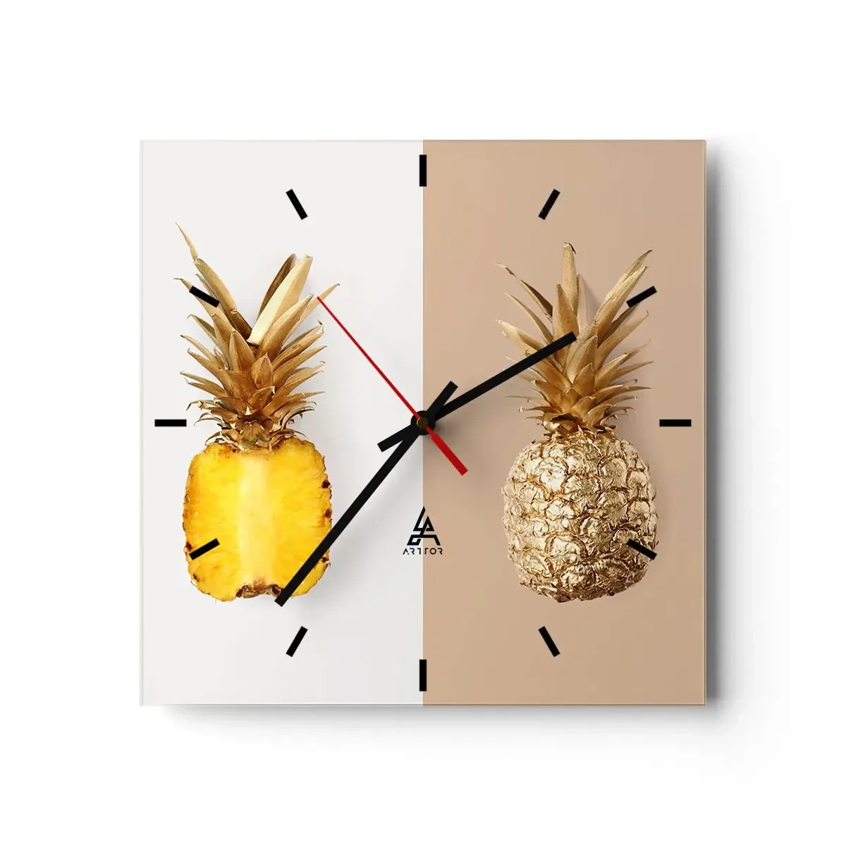 Orologio da parete - Orologio in Vetro - Metà di un ananas fresco e dorato su uno sfondo contrastante - 30x30cm - Ananas per due - Decorazione murale moderna per soggiorno e camera da letto ARTTOR