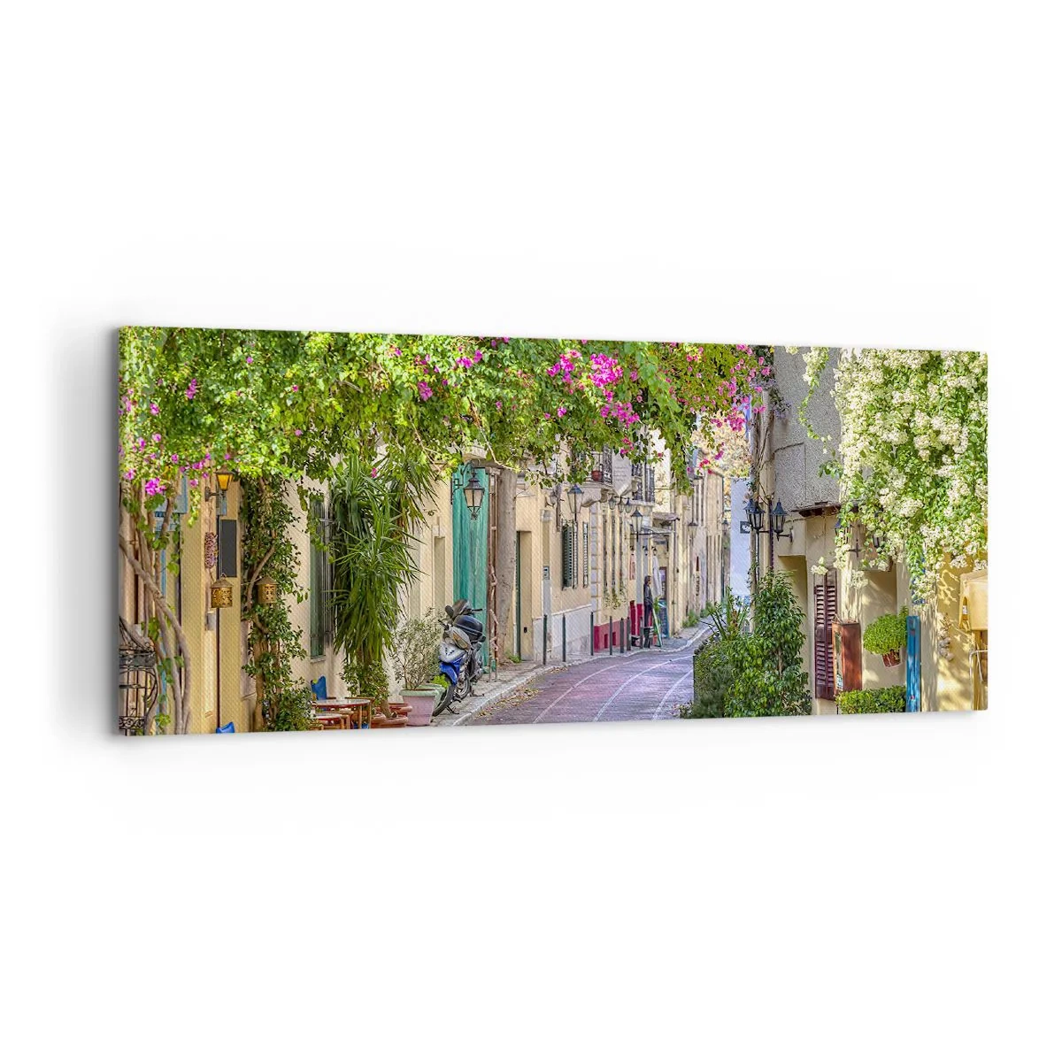 Quadro su tela - Stampe su Tela - Una strada affascinante con viti in fiore e tavolini da caffè - 120x50cm - Angolo fiorito - Decorazione murale moderna per soggiorno e camera da letto ARTTOR