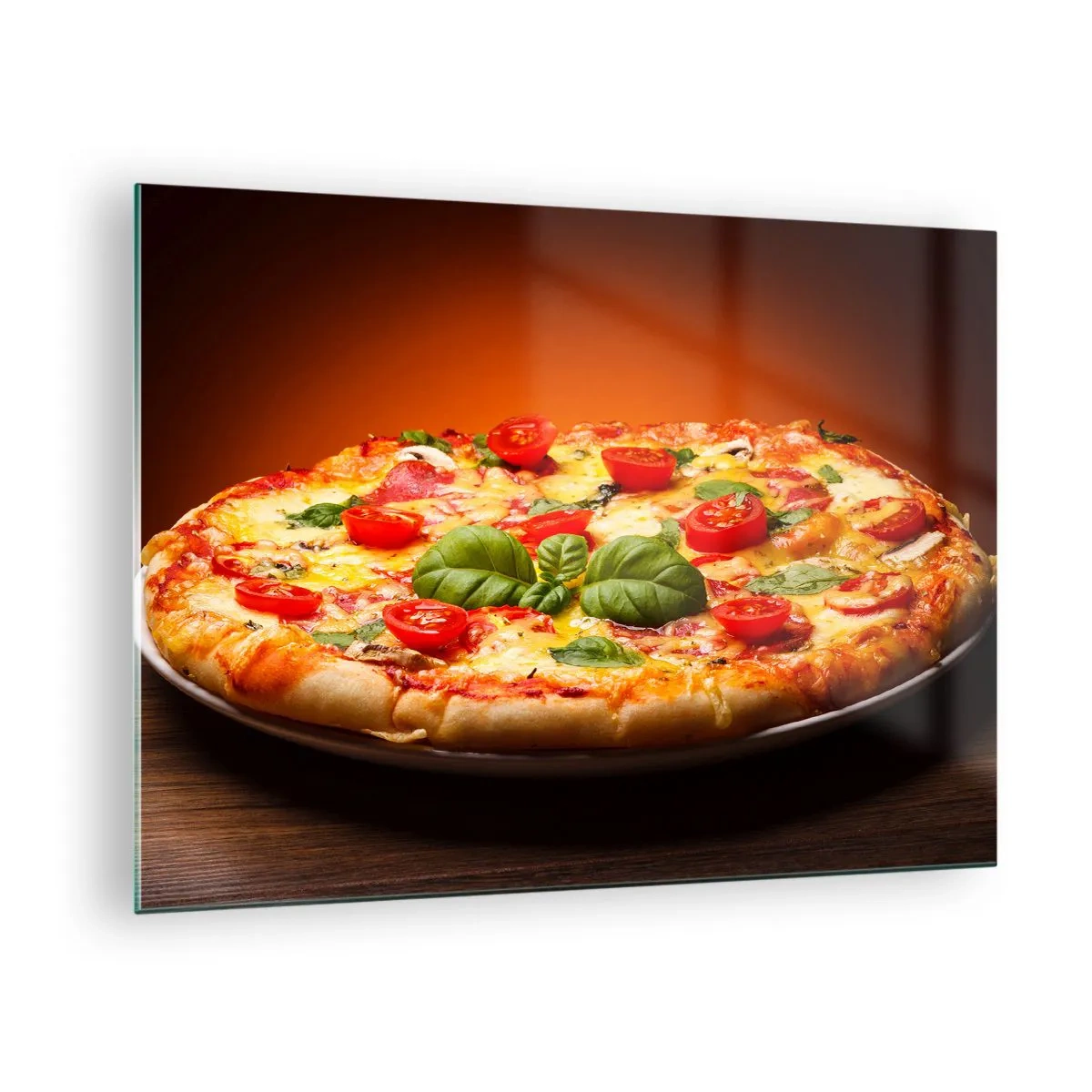 Quadro su vetro - Pizza con pomodori, basilico e formaggio fuso - 70x50cm - Mamma mia! - Decorazione murale moderna per soggiorno e camera da letto ARTTOR