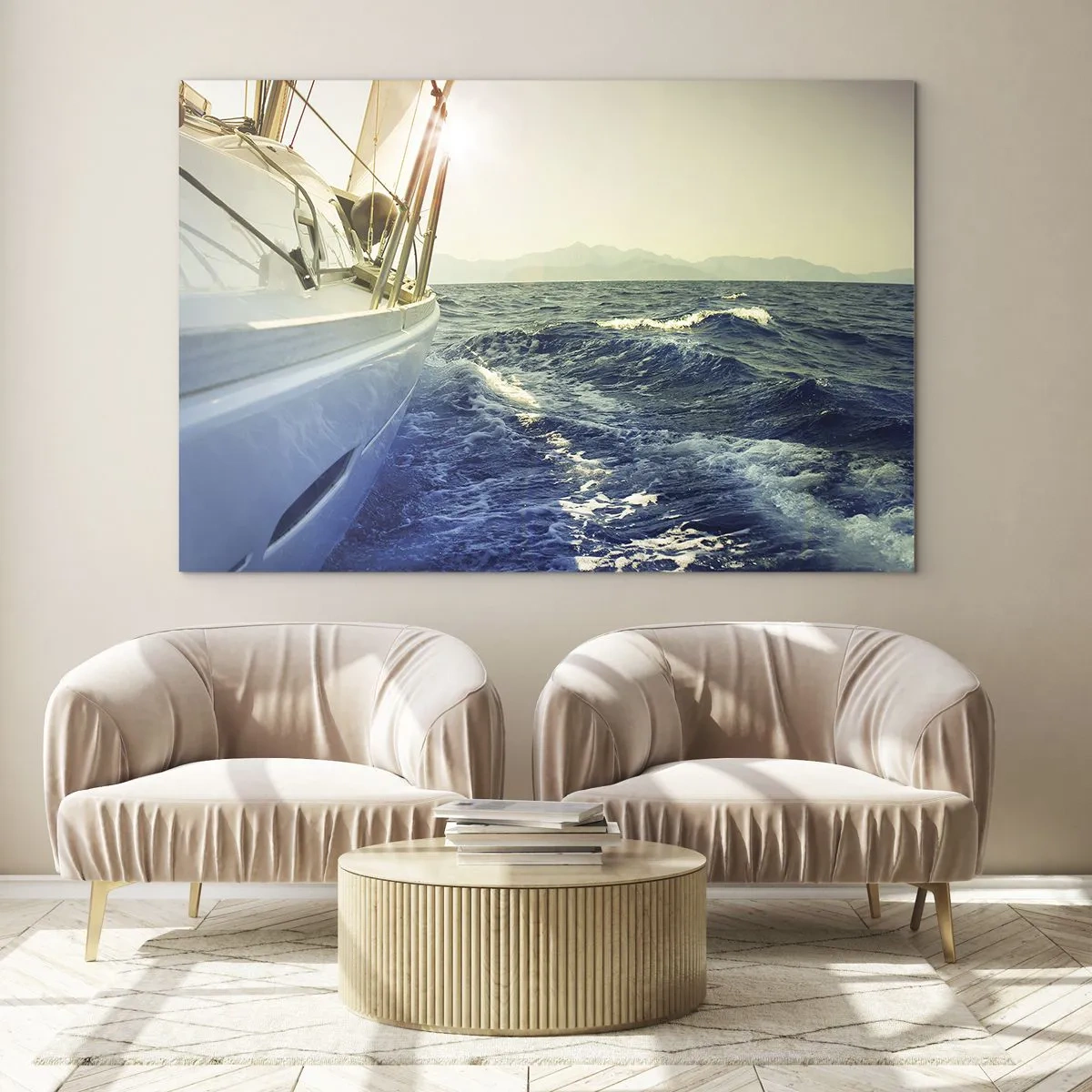 Quadro su vetro - Una barca a vela su un mare calmo alla luce del sole al tramonto - 120x80cm - Verso l'avventura - Decorazione murale moderna per soggiorno e camera da letto ARTTOR