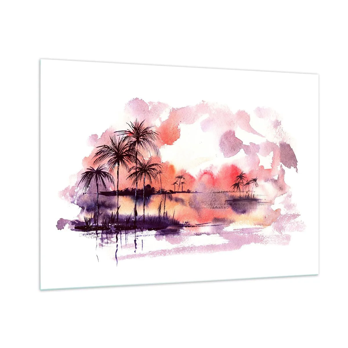 Quadro su vetro - Paesaggio tropicale al tramonto in acquerello - 100x70cm - Pace dei tropici in rosso - Decorazione murale moderna per soggiorno e camera da letto ARTTOR