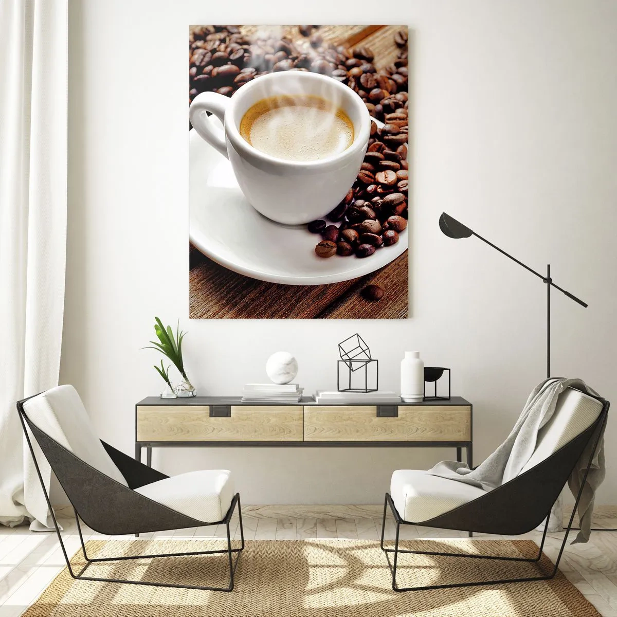 Quadro su vetro - Una tazza di caffè circondata da chicchi su un tavolo di legno - 50x70cm - Il caffè è pronto - Decorazione murale moderna per soggiorno e camera da letto ARTTOR