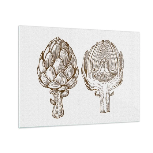 Quadro su vetro - Disegno botanico di un carciofo nella sua interezza e in sezione trasversale - 70x50cm - Lezione di anatomia - Decorazione murale moderna per soggiorno e camera da letto ARTTOR