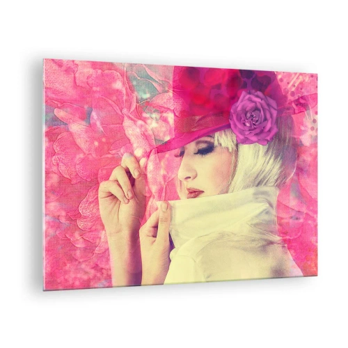 Quadro su vetro - Illustrazione di una donna con un cappello rosa e un fiore sullo sfondo - 70x50cm - Ritratto retro nei vapori di rosa - Decorazione murale moderna per soggiorno e camera da letto ARTTOR