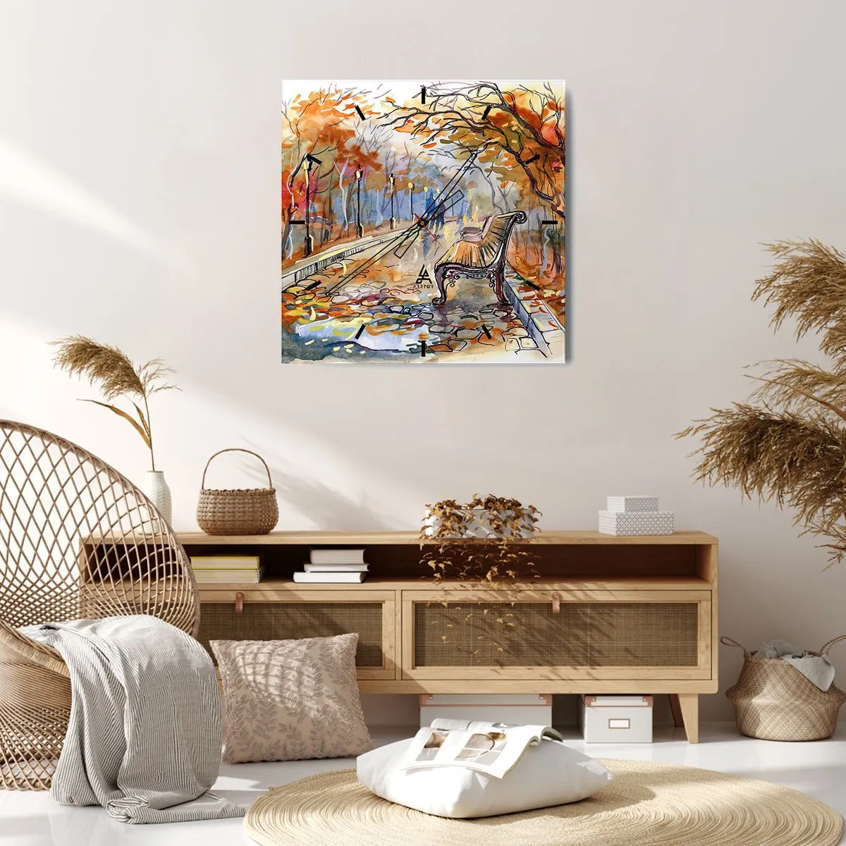 Orologio da parete - Orologio in Vetro - Un parco autunnale con una panchina in acquerello - 30x30cm - Passeggiando insieme l'autunno - Decorazione murale moderna per soggiorno e camera da letto ARTTOR