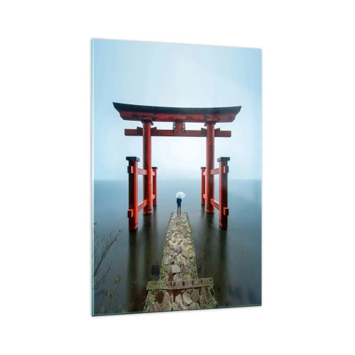 Quadro su vetro - Un cancello torii che si affaccia su un tranquillo lago in Giappone - 70x100cm - Meditazione giapponese - Decorazione murale moderna per soggiorno e camera da letto ARTTOR