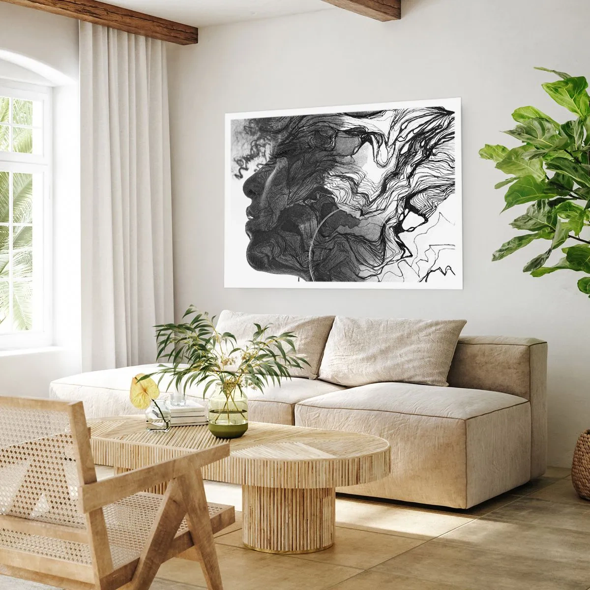 Poster - Volto astratto in bianco e nero con linee dinamiche. - 100x70cm - Aggrovigliata nei sogni - Decorazione murale moderna per soggiorno e camera da letto ARTTOR