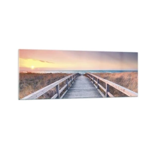 Quadro su vetro - Un molo di legno che conduce alla spiaggia al tramonto, con il cielo dipinto di colori pastello. - 140x50cm - Aurora serale baltica - Decorazione murale moderna per soggiorno e camera da letto ARTTOR