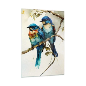 Quadro su vetro - Uccelli colorati seduti su un ramo in acquerello - 50x70cm - Si è offeso? - Decorazione murale moderna per soggiorno e camera da letto ARTTOR