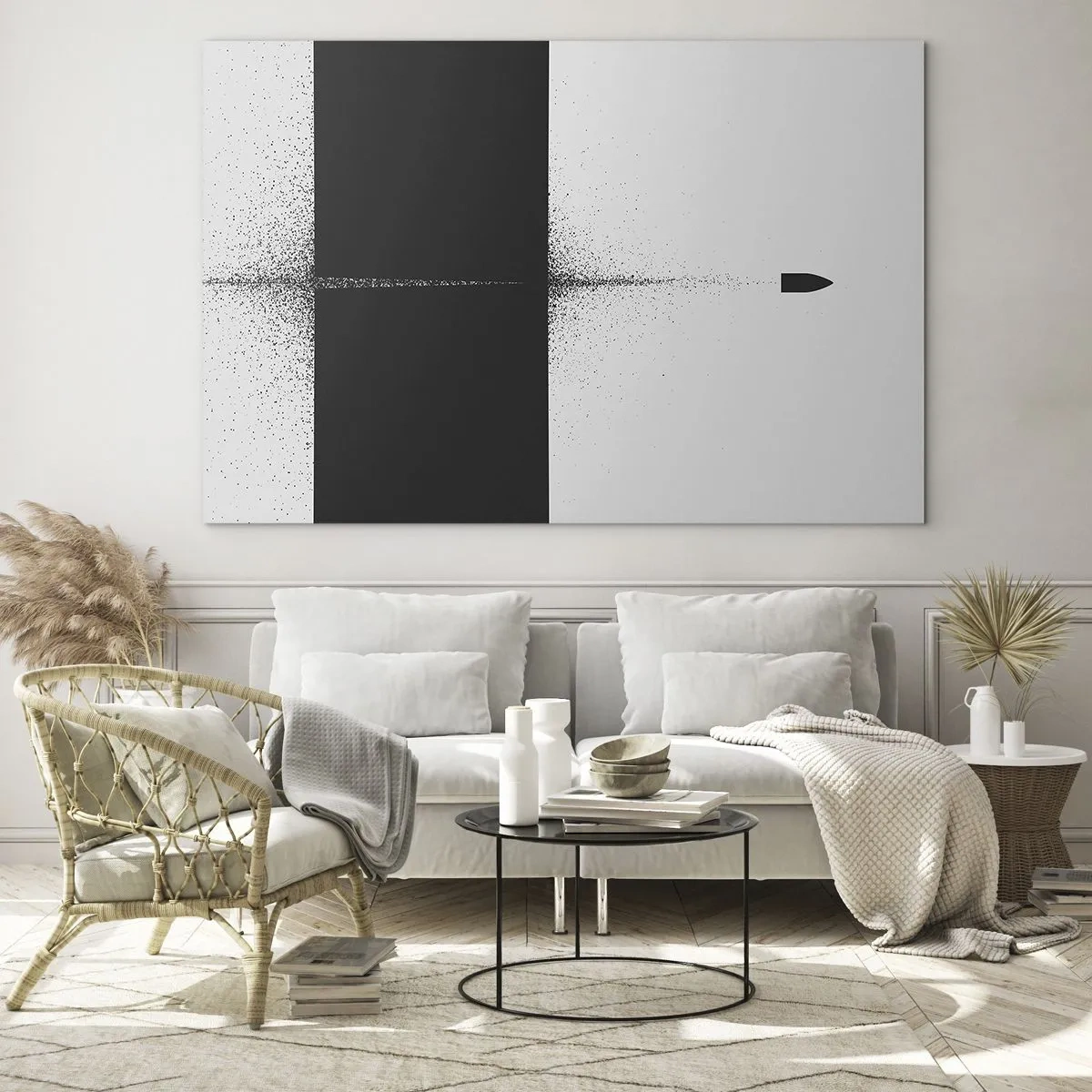 Quadro su vetro - Una composizione astratta in bianco e nero con una linea dinamica - 70x50cm - Dritto allo scopo - Decorazione murale moderna per soggiorno e camera da letto ARTTOR