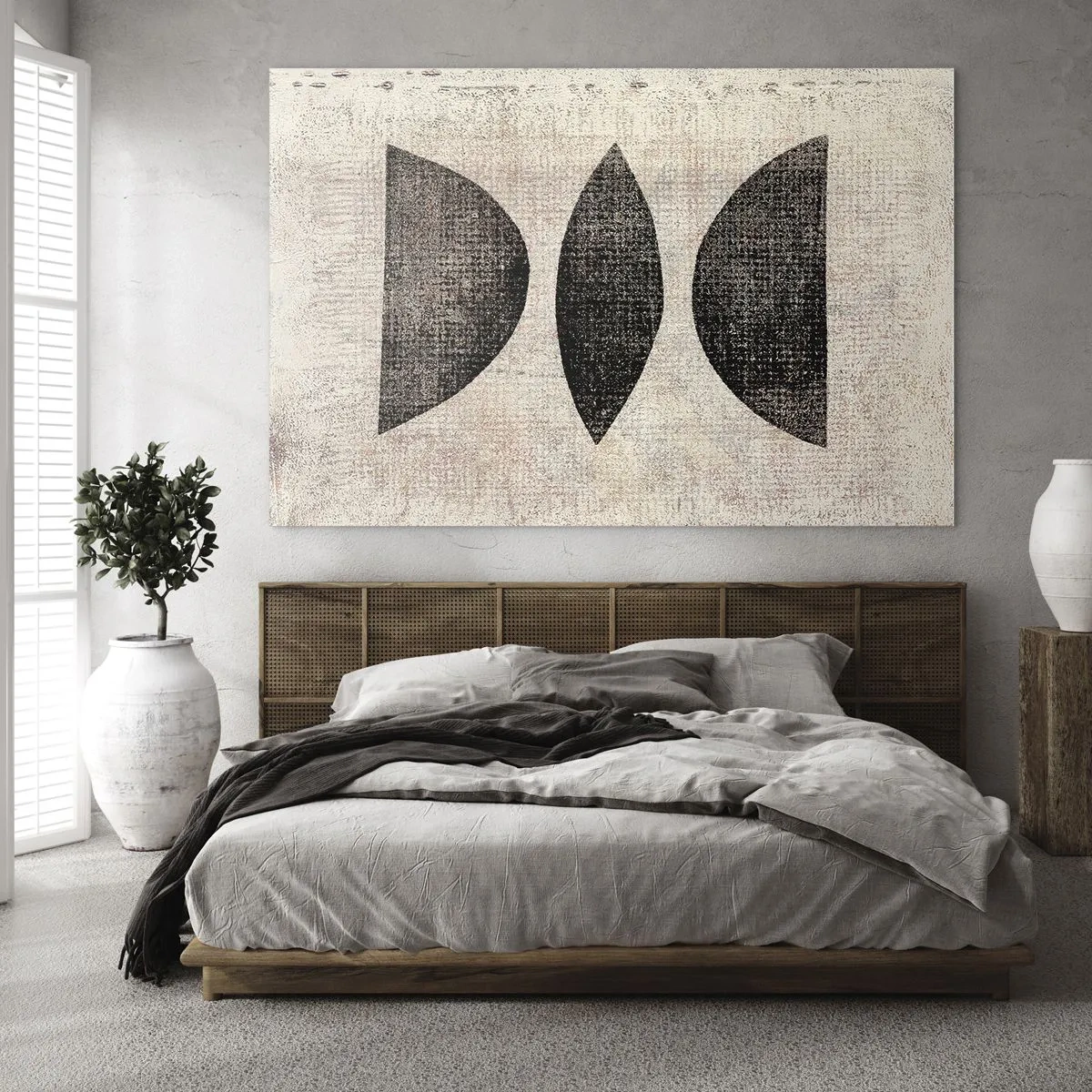 Quadro su vetro - Forme geometriche nere su sfondo beige - 70x50cm - Astrazione etnica - Decorazione murale moderna per soggiorno e camera da letto ARTTOR