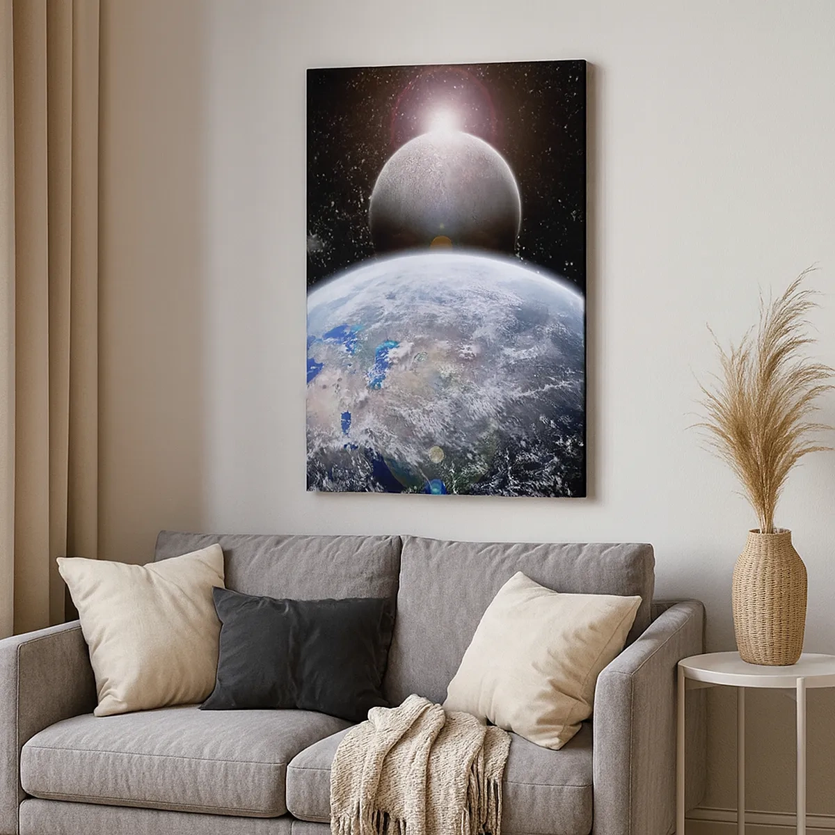 Quadro su tela - Stampe su Tela - Il pianeta Terra e la Luna sullo sfondo dello spazio stellato. - 50x70cm - Paesaggio cosmico: sorgere del sole - Decorazione murale moderna per soggiorno e camera da letto ARTTOR