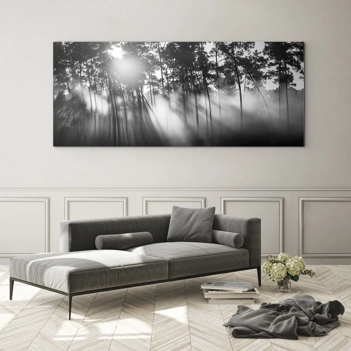 Quadro su vetro - Foresta bianca e nera nella nebbia mattutina - 140x50cm - Sole irrefrenabile - Decorazione murale moderna per soggiorno e camera da letto ARTTOR