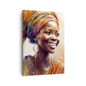 Quadro su tela - Stampe su Tela - Ritratto di una donna sorridente con una sciarpa colorata in acquerello - 50x70cm - Regina africana - Decorazione murale moderna per soggiorno e camera da letto ARTTOR