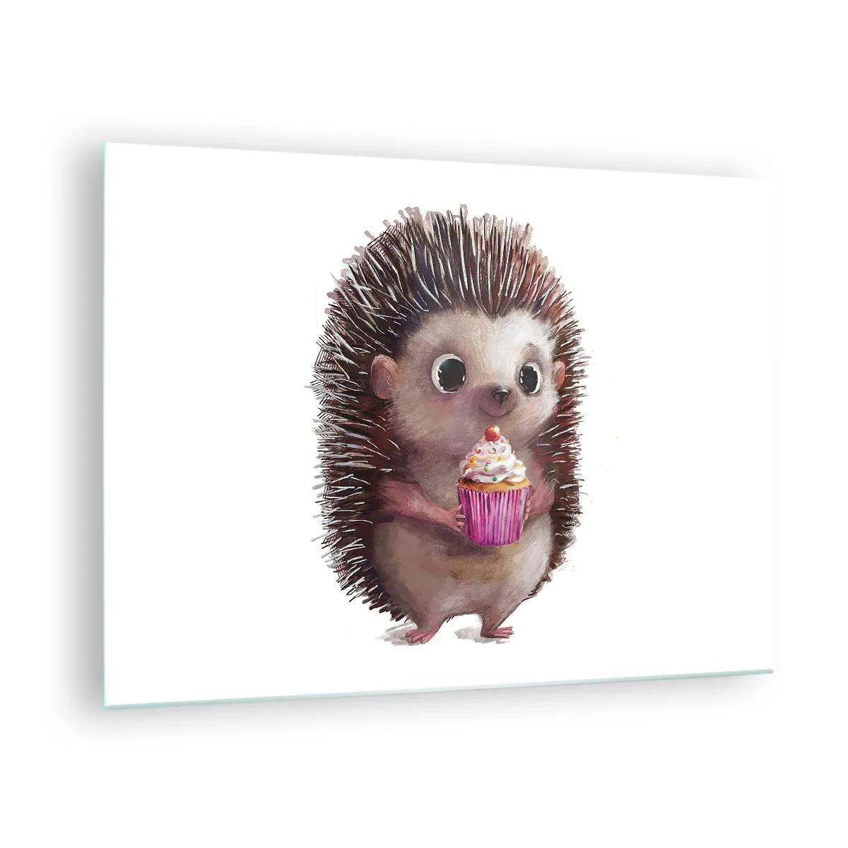 Quadro su vetro - Un simpatico riccio con un cupcake su uno sfondo bianco - 70x50cm - Festa ogni giorno - Decorazione murale moderna per soggiorno e camera da letto ARTTOR