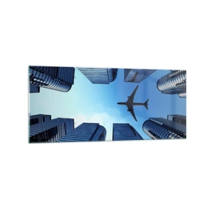 Quadro su vetro - Un aereo che sorvola i moderni grattacieli del centro città. - 120x50cm - Panorama dal canyon di vetro - Decorazione murale moderna per soggiorno e camera da letto ARTTOR