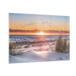 Quadro su vetro - Tramonto sul mare con uccelli e dune di sabbia - 100x70cm - Paesaggio orizzontale - Decorazione murale moderna per soggiorno e camera da letto ARTTOR