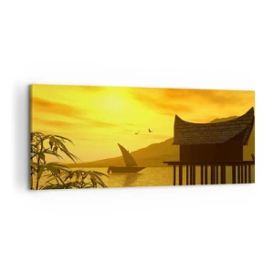 Quadro su tela - Stampe su Tela - Tramonto tropicale sull'acqua con casa in legno su palafitte. - 120x50cm - Calma desiderata - Decorazione murale moderna per soggiorno e camera da letto ARTTOR