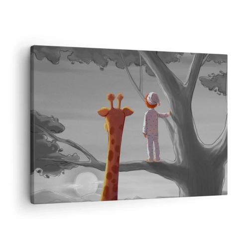 Quadro su tela - Stampe su Tela - Un bambino e una giraffa su un ramo di un albero in un paesaggio da favola - 70x50cm - Sta succedendo davvero - Decorazione murale moderna per soggiorno e camera da letto ARTTOR