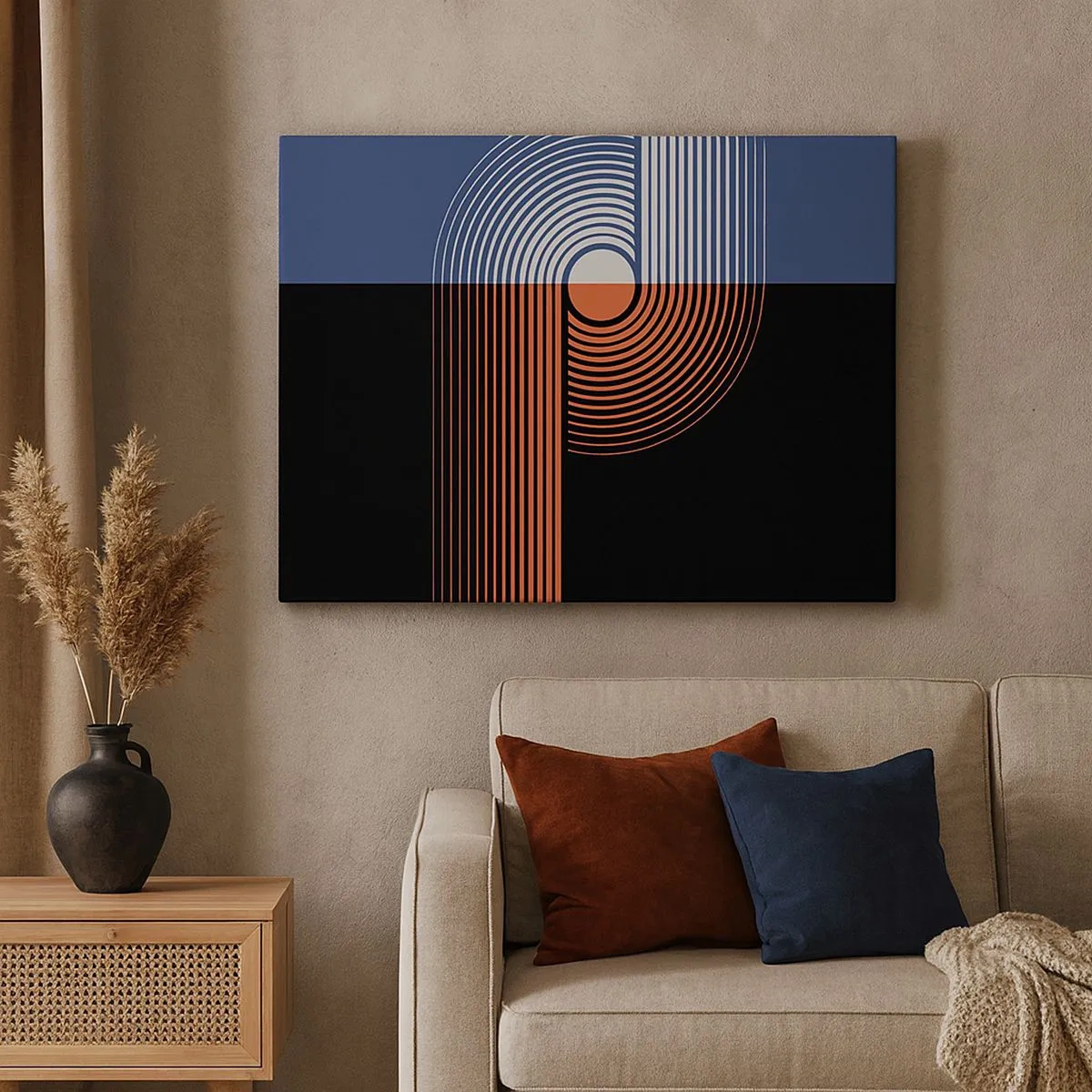 Quadro su tela - Stampe su Tela - Astrazione geometrica con linee blu navy e arancione. - 70x50cm - Nell'abbraccio geometrico - Decorazione murale moderna per soggiorno e camera da letto ARTTOR