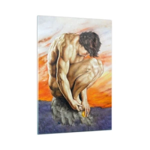 Quadro su vetro - Un corpo umano nudo contro un cielo di un arancione intenso. - 50x70cm - Immerso in se stesso - Decorazione murale moderna per soggiorno e camera da letto ARTTOR