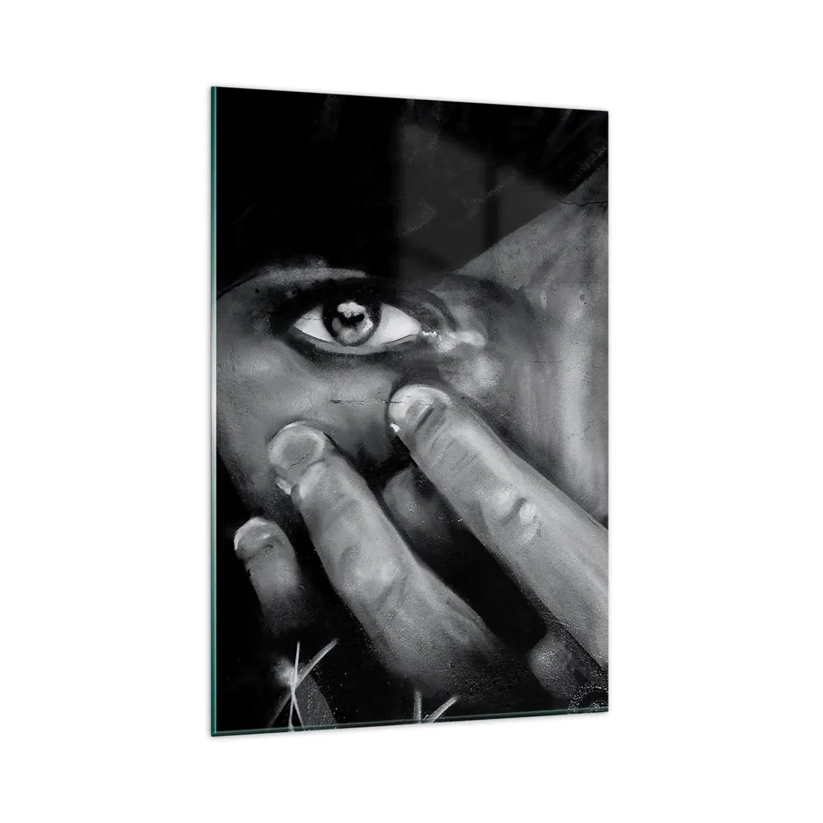 Quadro su vetro - Ritratto in bianco e nero di una donna che si copre il viso con le mani. - 80x120cm - Non dico chi l'ha dipinto - Decorazione murale moderna per soggiorno e camera da letto ARTTOR