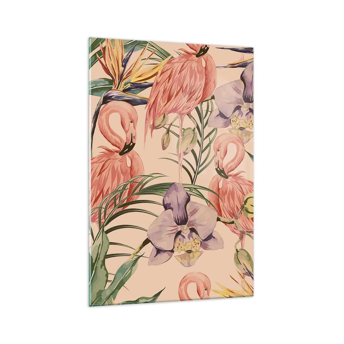 Quadro su vetro - Fenicotteri e fiori tropicali su uno sfondo chiaro - 70x100cm - Un ballo rosa nei fiori - Decorazione murale moderna per soggiorno e camera da letto ARTTOR