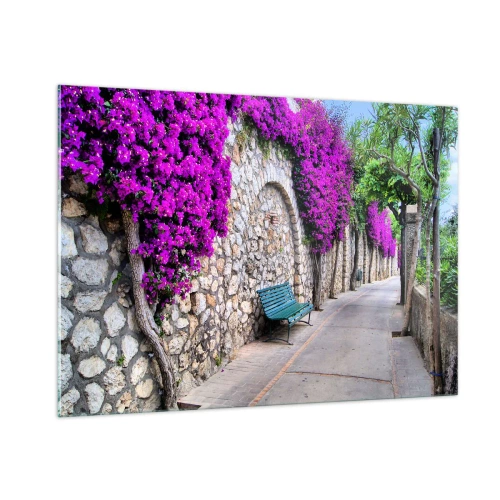 Quadro su vetro - Un muro di pietra con fiori viola e una panchina lungo il sentiero - 100x70cm - Incontriamoci al più presto - Decorazione murale moderna per soggiorno e camera da letto ARTTOR