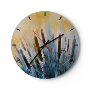Orologio da parete - Orologio in Vetro - Canne pittoriche nei caldi colori del tramonto - 30x30cm - Fresco dell'acqua, calore del sole - Decorazione murale moderna per soggiorno, cucina e camera da letto ARTTOR