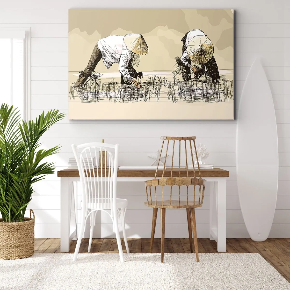 Quadro su tela - Stampe su Tela - Contadini che lavorano in una risaia indossando copricapi tradizionali - 120x80cm - Buon raccolto - Decorazione murale moderna per soggiorno e camera da letto ARTTOR