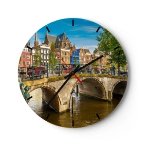 Orologio da parete - Orologio in Vetro - Un pittoresco ponte sul canale circondato da edifici e biciclette - 30x30cm - La primavera sul canale - Decorazione murale moderna per soggiorno, cucina e camera da letto ARTTOR