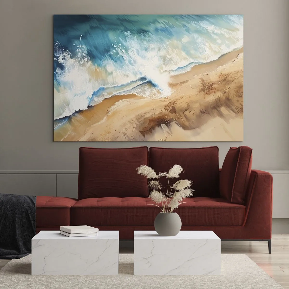 Quadro su vetro - Vista dall'alto di un'onda blu del mare che si infrange contro una riva sabbiosa - 70x50cm - L'onda che ritorna - Decorazione murale moderna per soggiorno e camera da letto ARTTOR