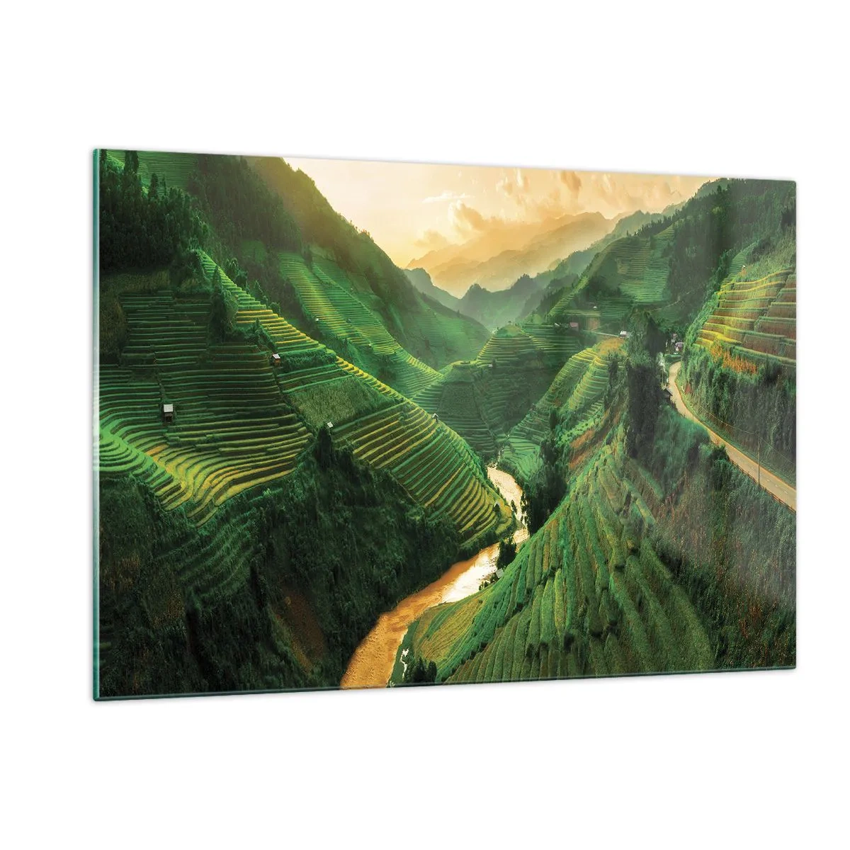 Quadro su vetro - Pittoresche terrazze di riso nella valle al tramonto - 120x80cm - Valle del Vietnam - Decorazione murale moderna per soggiorno e camera da letto ARTTOR