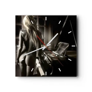 Orologio da parete - Orologio in Vetro - Nudo femminile al pianoforte in stile bianco e nero - 30x30cm - La perfetta armonia della sera - Decorazione murale moderna per soggiorno e camera da letto ARTTOR