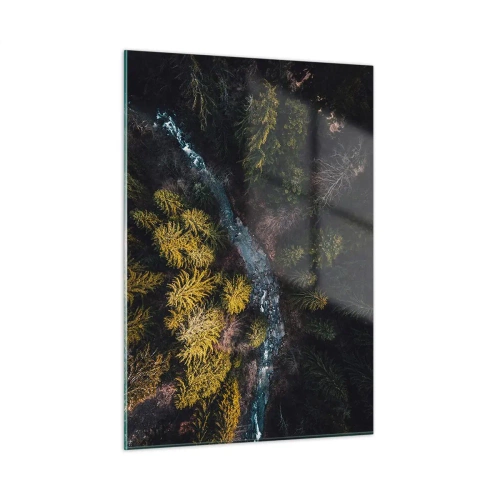 Quadro su vetro - Vista a volo d'uccello di un paesaggio forestale con un ruscello tortuoso - 50x70cm - Sempre più veloce - Decorazione murale moderna per soggiorno e camera da letto ARTTOR