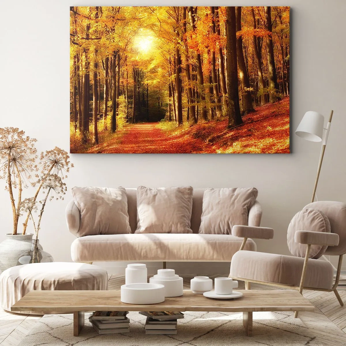 Quadro su tela - Stampe su Tela - Foresta autunnale con raggi di sole che brillano attraverso gli alberi - 100x70cm - Autunno dorato nella via nel bosco - Decorazione murale moderna per soggiorno e camera da letto ARTTOR
