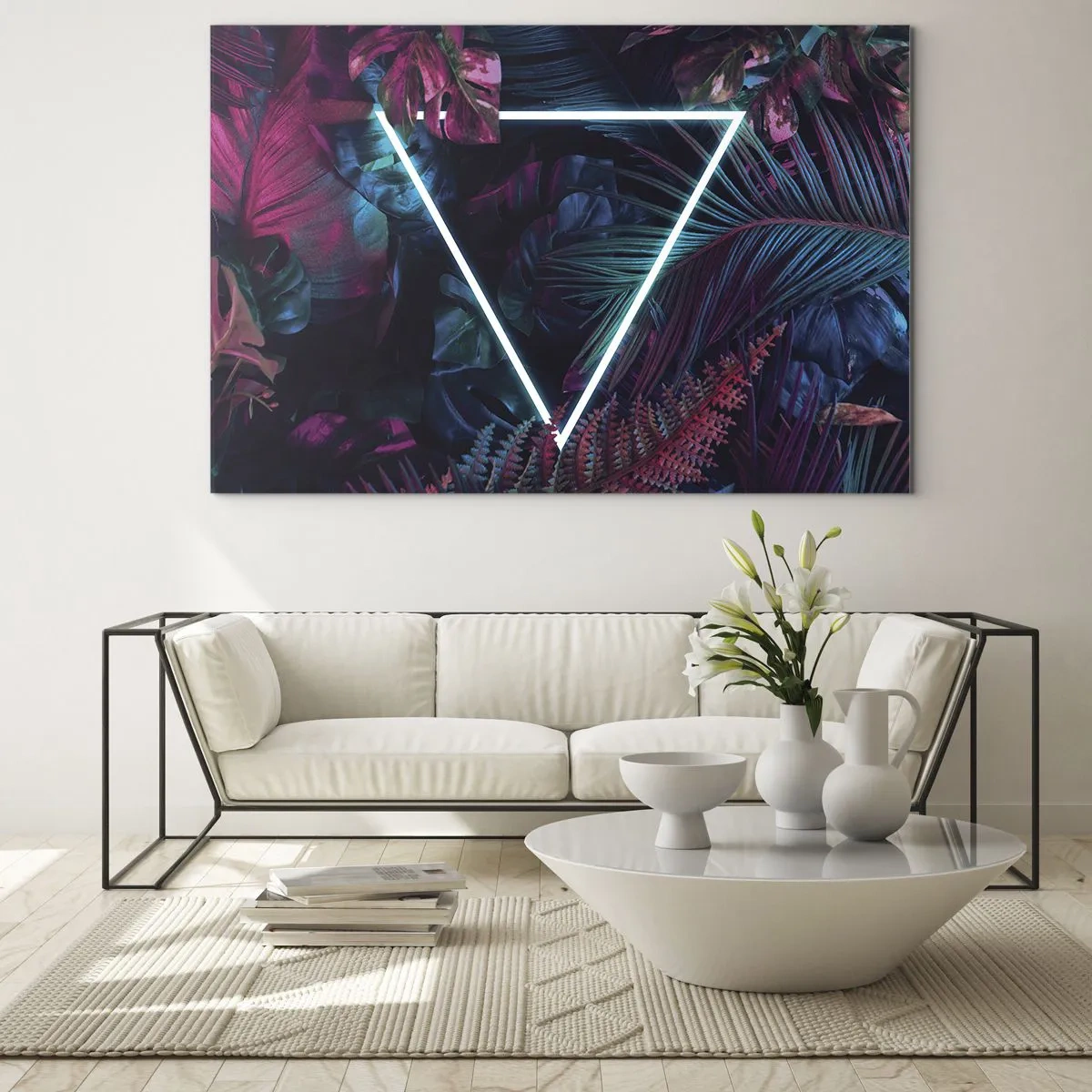 Quadro su vetro - Un triangolo al neon circondato da piante tropicali nelle tonalità del rosa e del blu. - 100x70cm - Giardino in stile discoteca - Decorazione murale moderna per soggiorno e camera da letto ARTTOR