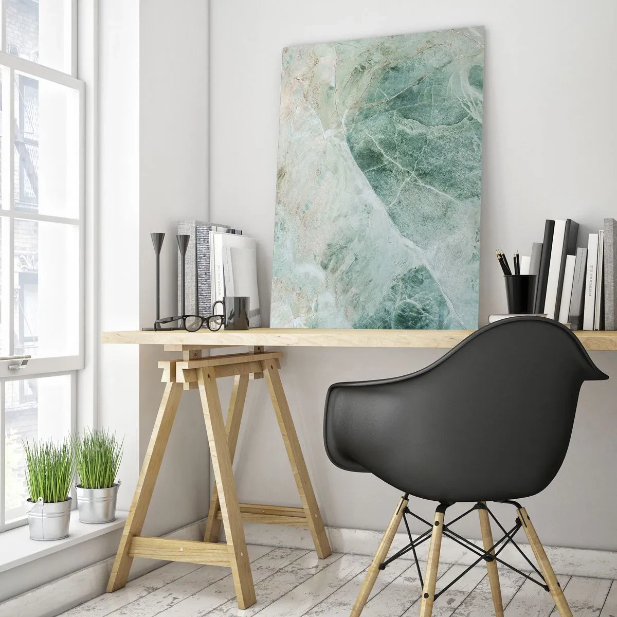 Quadro su vetro - Marmo verde con delicate venature bianche - 70x100cm - Il freddo nobile della pietra - Decorazione murale moderna per soggiorno e camera da letto ARTTOR