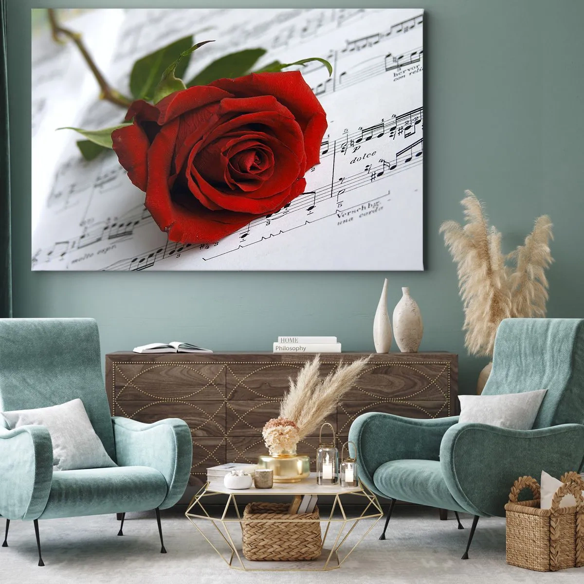 Quadro su tela - Stampe su Tela - Una rosa rossa su uno sfondo di note musicali su carta bianca. - 70x50cm - La musica dei sentimenti in scarlatto - Decorazione murale moderna per soggiorno e camera da letto ARTTOR
