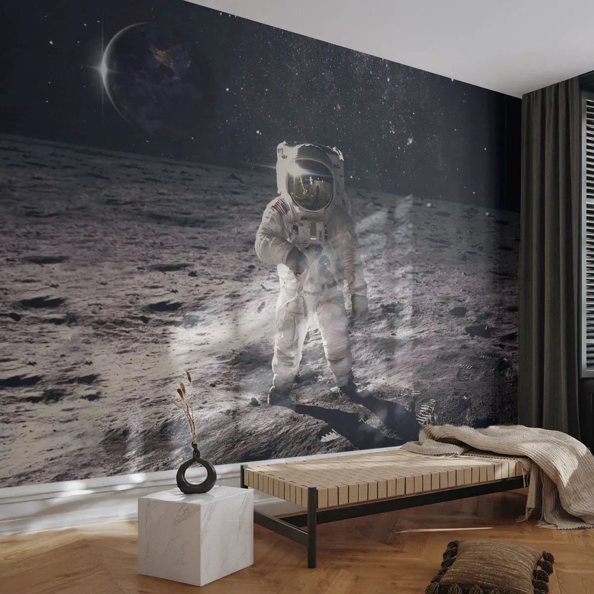 Fotomurali Premium Sand - Saluti dalla luna - Astrazione, Uomo sulla Luna, Astronauta - 100x70 cm