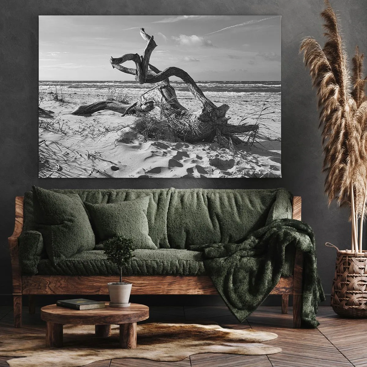 Quadro su tela - Stampe su Tela - Paesaggio in bianco e nero con un albero morto sulla spiaggia - 120x80cm - Scolpito dal mare - Decorazione murale moderna per soggiorno e camera da letto ARTTOR