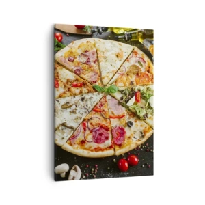 Quadro su tela - Stampe su Tela - Pizza in vari gusti con uno sfondo di condimenti - 50x70cm - Ventaglio di gusti - Decorazione murale moderna per soggiorno e camera da letto ARTTOR