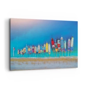 Quadro su tela - Stampe su Tela - Barche colorate allineate in fila sulla riva - 120x80cm - A volo d'uccello - Decorazione murale moderna per soggiorno e camera da letto ARTTOR