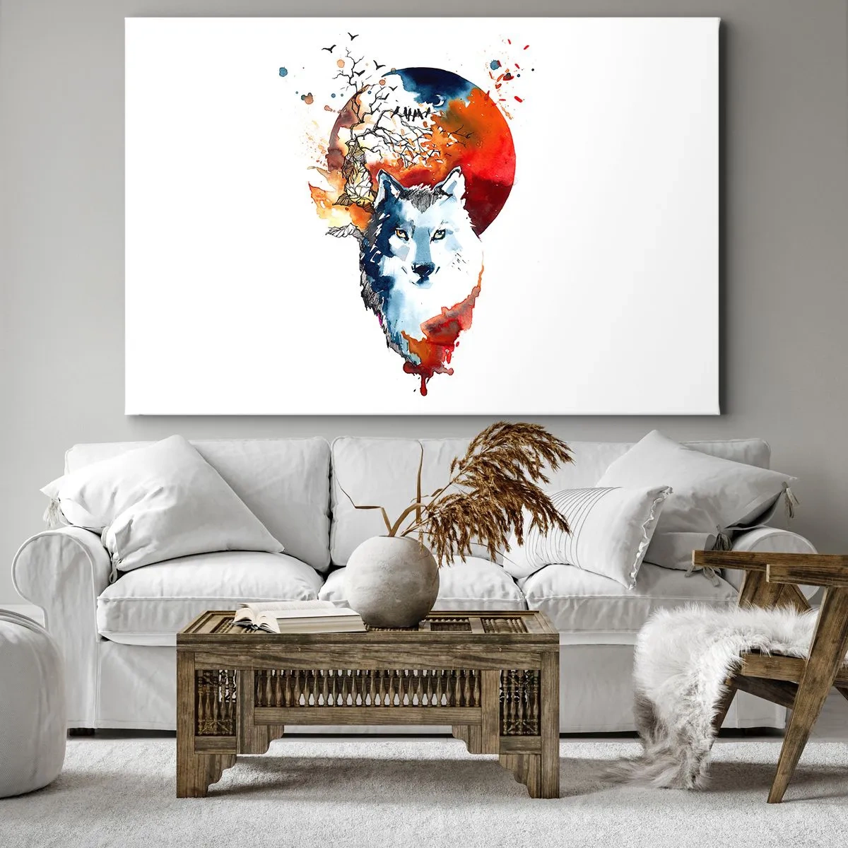 Quadro su tela - Stampe su Tela - Dipinto astratto ad acquerello di un lupo contro una luna rossa - 120x80cm - Naso a naso con la notte - Decorazione murale moderna per soggiorno e camera da letto ARTTOR