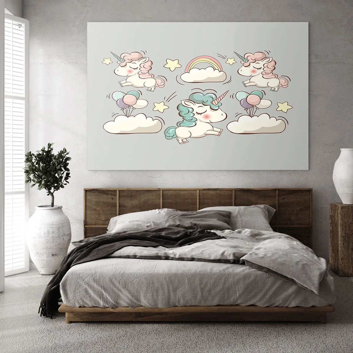 Quadro su vetro - Simpatici unicorni tra le nuvole con arcobaleno e palloncini - 70x50cm - Sicuramente esistono… - Decorazione murale moderna per soggiorno e camera da letto ARTTOR