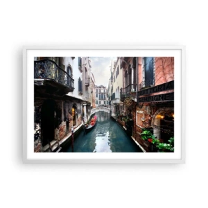 Poster in cornice bianca - Paesaggio veneziano con gondola e ponte - 70x50 cm