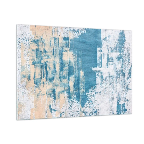 Quadro su vetro - Astrazione in blu e beige con texture a pennello - 100x70cm - Attraverso il ghiaccio - Decorazione murale moderna per soggiorno e camera da letto ARTTOR