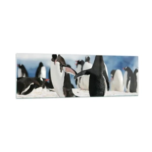 Quadro su vetro - Un gruppo di pinguini nella neve in un paesaggio antartico - 160x50cm - Danza sulla neve - Decorazione murale moderna per soggiorno e camera da letto ARTTOR