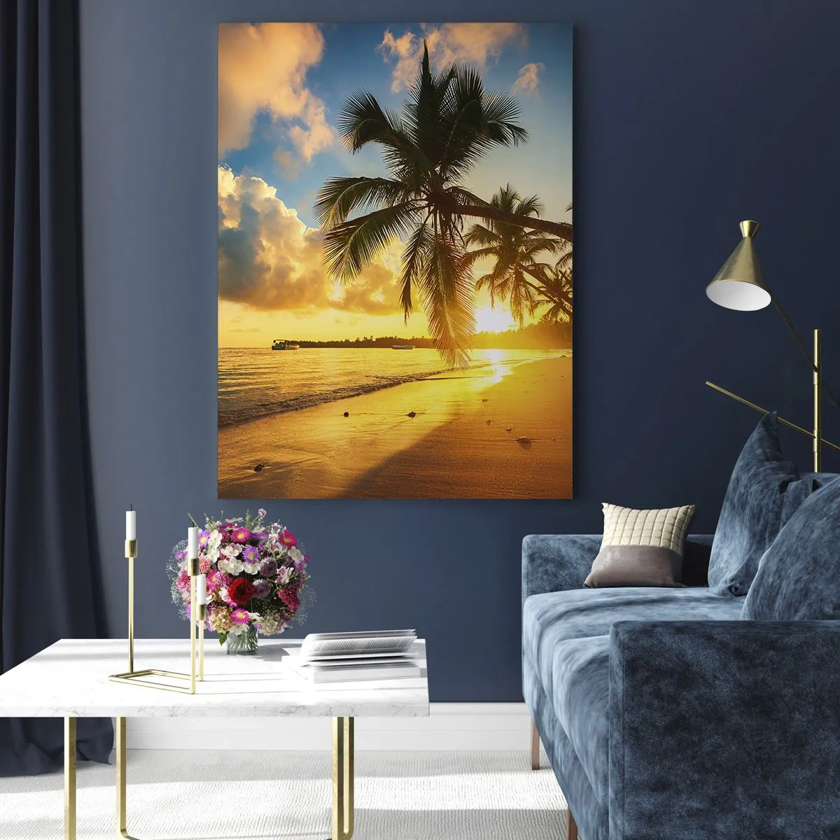 Quadro su vetro - Spiaggia tropicale con palme al tramonto - 50x70cm - Sogno dei Caraibi - Decorazione murale moderna per soggiorno e camera da letto ARTTOR